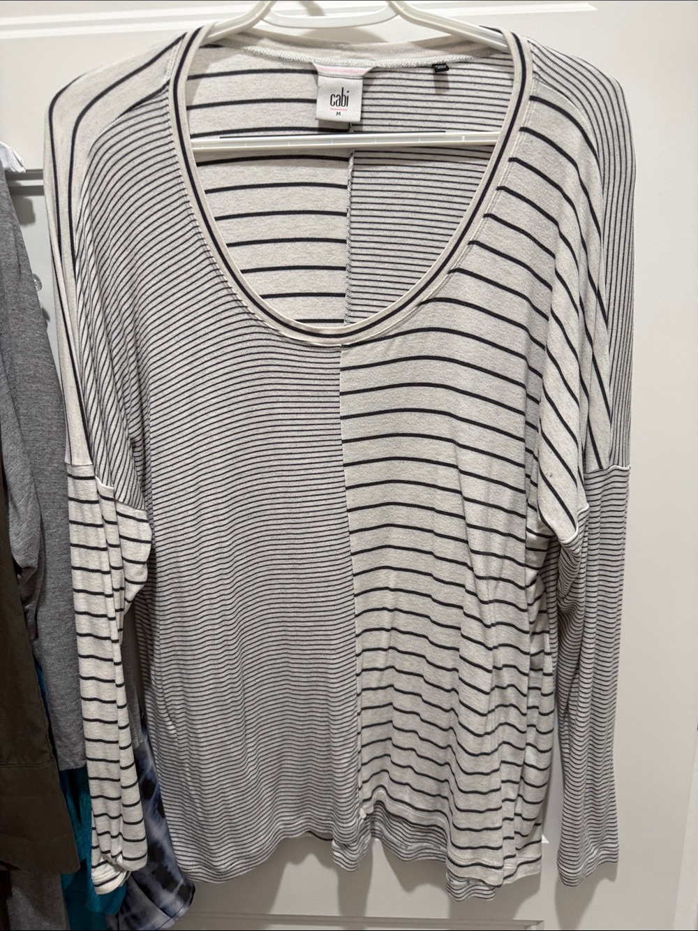 CAbi Mixed Stripe Long Sleeve Scoop Neck Top - White & Black